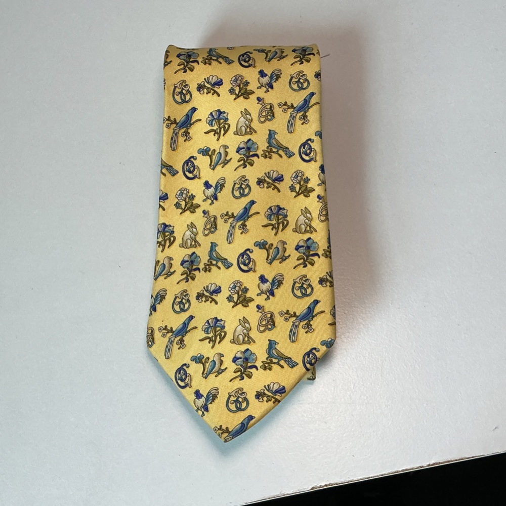 Salvatore Ferragamo Yellow Tie with Blue and Brown Patterns